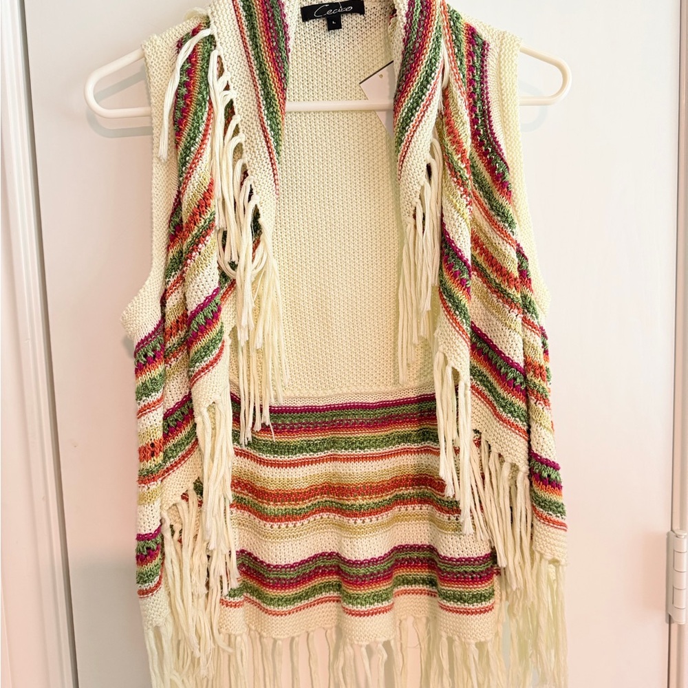 Cream Knit Vest with Multicolor Stripes and Fringe size L Boho Festival Hippie